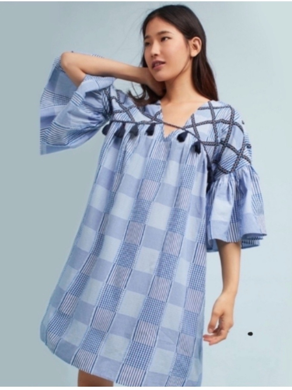 Anthropologie Maeve Medium Tatum Embroidered Boho Patchwork Dress  Blue/White